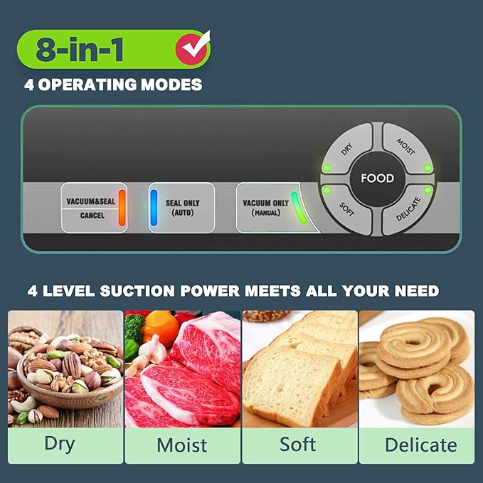 Precision Vacuum Sealer Machine, Powerful Pro Vacuum Food Sealer, 8-in-1 Easy Presets, 4 Food Modes, Dry&Moist&Soft&Delicate with Starter Kit, Compact Design