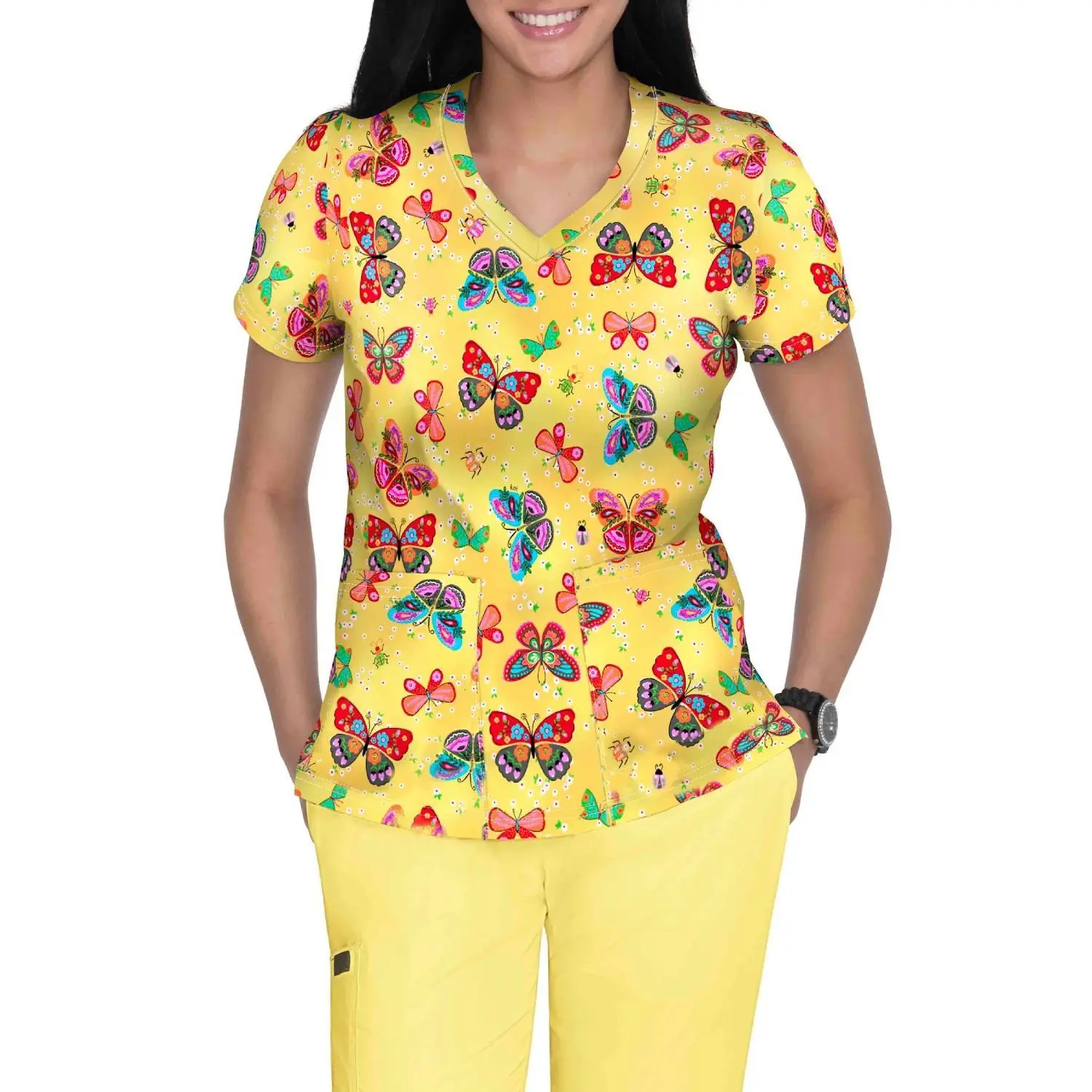 Vibrant Butterfly-Inspired Nurse Commuter Top with All-Over Print • Women's V-Neck Workwear with Slit Pockets • Casual Caregiver T-Shirt