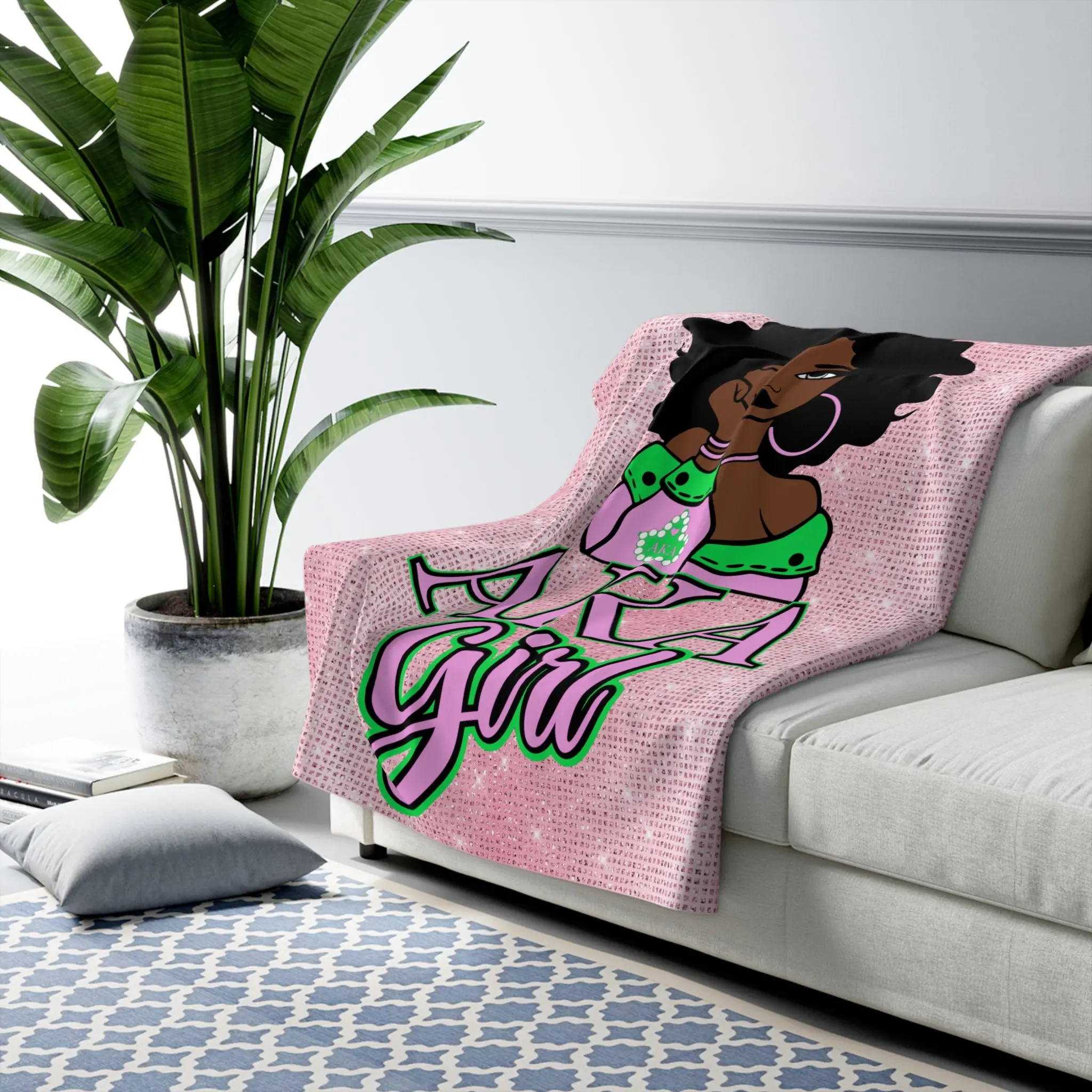 AKA Girl Sherpa Blanket - Pink Sorority Afro Woman Cozy Fleece Throw for AKA Sisters