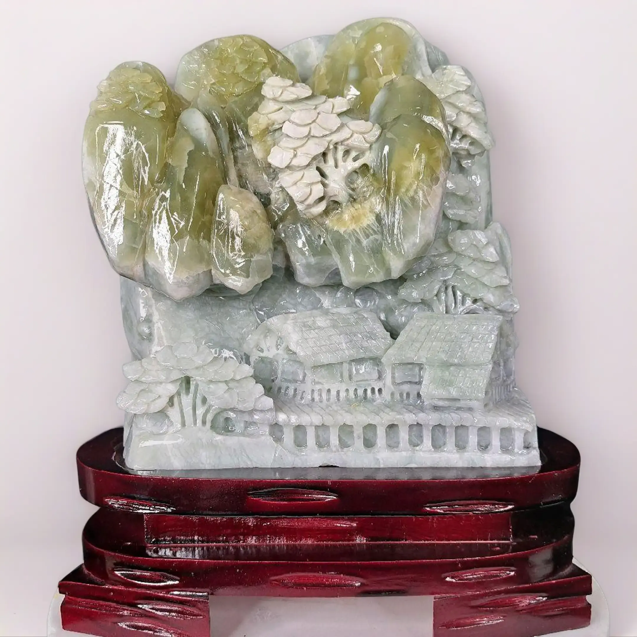 Jade Hand Carved Mountain Scape and Village Sculpture with Detailed Village Structures and Natural Jade Stone Features