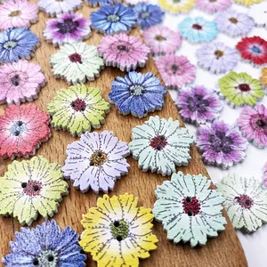 50 Wooden Daisy Sunflower Plum Flower Vintage Ethnic Style Buttons, Cute Floral DIY Handmade Accessories, Creative Cartoon Wood Patches, Floral Appliques