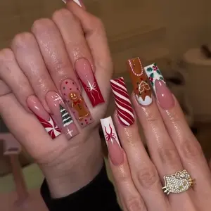 Christmas 24pcs Long Square French Press-On Nails, Gingerbread Man & Christmas Tree Design, Glossy Acrylic False Nails for Women and Girls