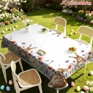 Spring Flower Rabbit Pattern Tablecloth, Picnic Table Cover, Fresh Rural Style, Blending Cute Bunnies with Colorful Floral Elements, Suitable for Home Scenes Such As Living Rooms and Dining Rooms, Creating A Warm and Natural Atmosphere