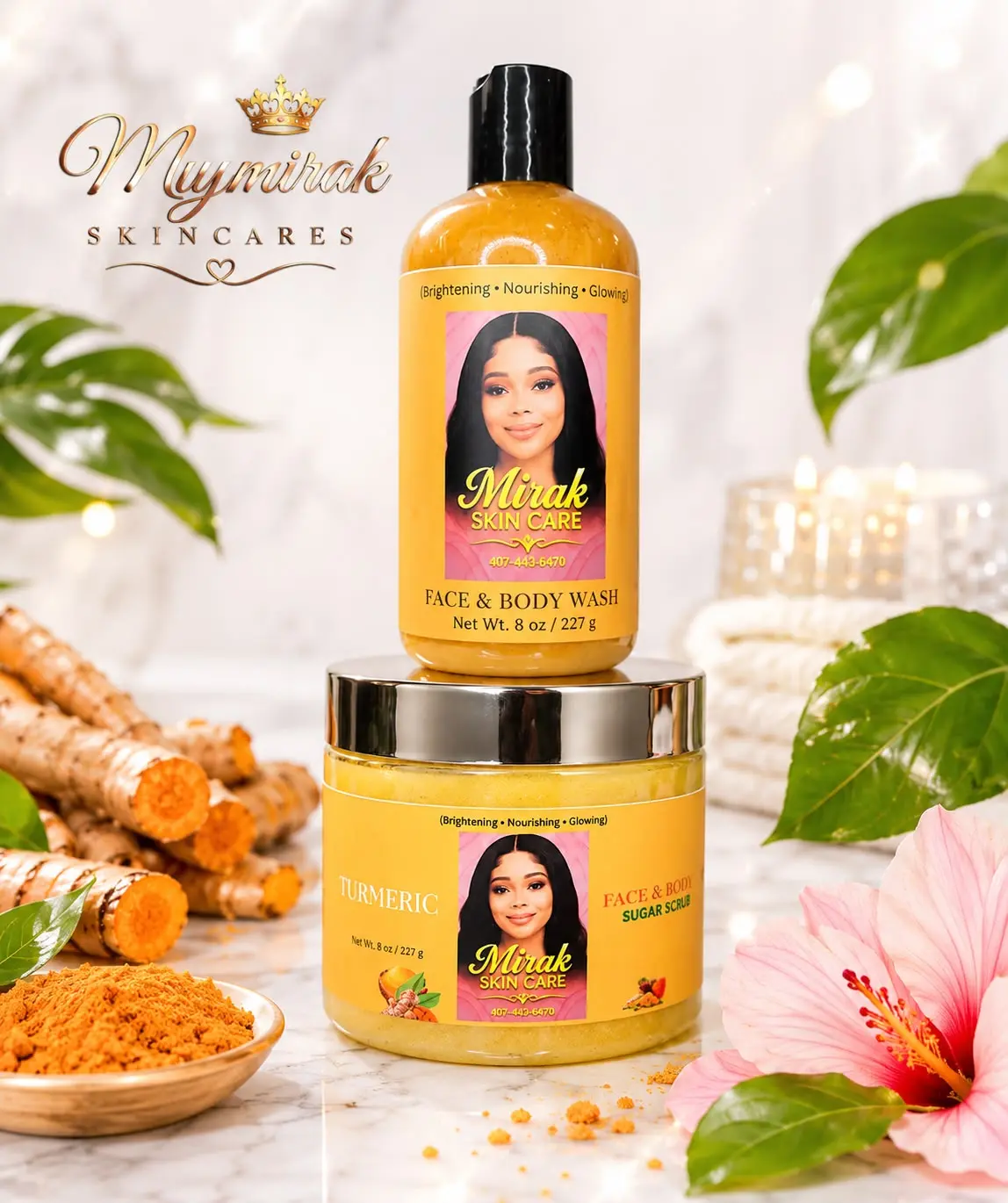 Mirak 2-Piece Beauty & Personal Care Set: 8 oz Turmeric Sugar Scrub, 8 oz Face & Body Wash (Bath & Body Care)