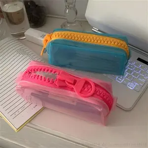 1pc Colorful Dopamine Design Zipper Pencil Case - Transparent PVC Organizer with Multiple Compartments for School & Office Supplies, Pink, Blue, Green, Yellow, White, Orange, Purple, Pencil Case Pouch, Stationery Storage, Playful Design, Durable Storage