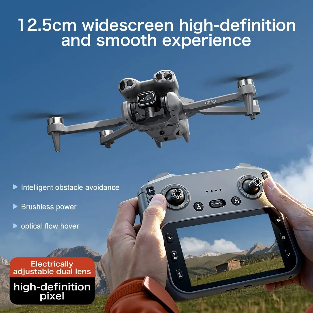 Advanced Drone with Camera, Dual Lens, 4.3-Inch Remote Control, Foldable Quadcopter, Includes Two Batteries, Gt50 Model, Folding Quadcopter, Electronic Drone, HD Camera Quadcopter
