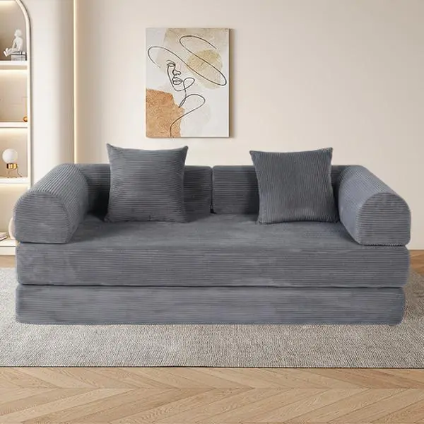 2-in-1 folding sofa bed, 75-inch foldable frame-less sofa, convertible compressed sleeping sofa bed, memory foam faux leather soft cloud sofa mattress with two pillows, suitable for living rooms and apartments