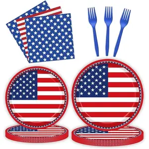 96 Pcs American Flag Patriotic Party Plates and Napkins Forks Supplies, Disposable Tableware Paper Set for Veterans Day, Election Day, 4th of July, Independence Day Decorations, Serves 24 Guests