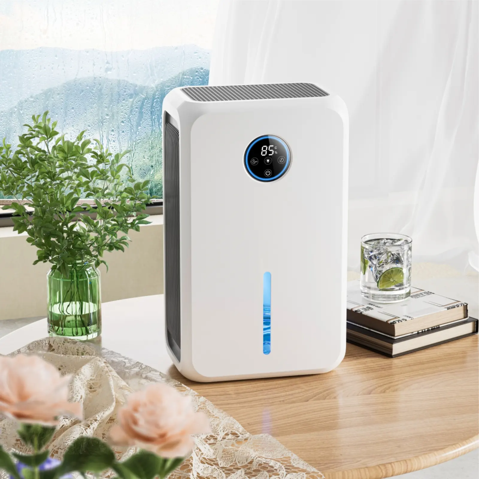 Home Dehumidifier, 75 oz Water Tank, 800 sq ft Coverage, Plug-Powered, Auto Shut Off, LED Lights, Color Changing Feature, Aesthetic Appeal for Indoor Bedrooms, Bathrooms, Basements