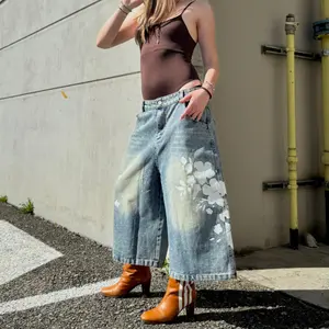 Women's White Floral Print Baggy Cropped Denim Culottes, High Waist Wide Leg Mid Calf Jorts with Faded Vintage Wash Flower Graphic Side Print, Y2K Coquette Soft Girl Grunge Casual Streetwear Summer Bottoms