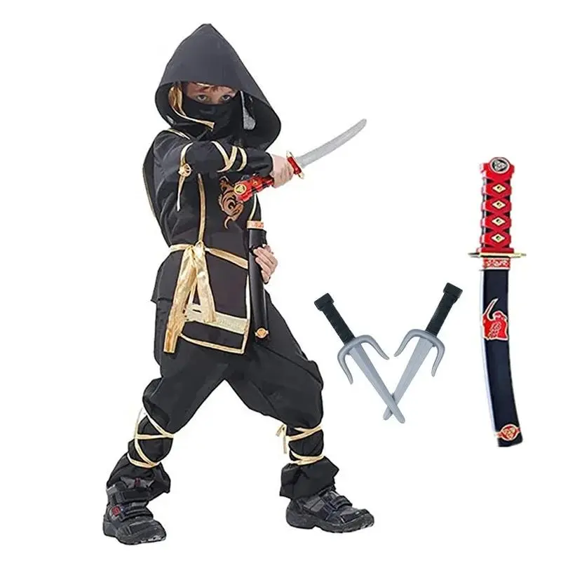 Black Ninja Costume for Boys Halloween Japanese Samurai Costume Kids Anime Muscle Costume with Foam Accessories Best Gift for Kids