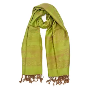 Gorgeous Light Green Cashmere Pashmina with Gold Paisley and Tan Accents Soft Stylish Scarf for Cashmere Lovers