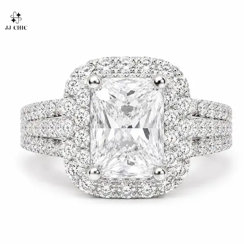 Women's Sparkling Rectangular Halo Artificial Gemstone Ring - Triple-Row Split Shank, Engagement-Style Fashion Jewelry Gift
