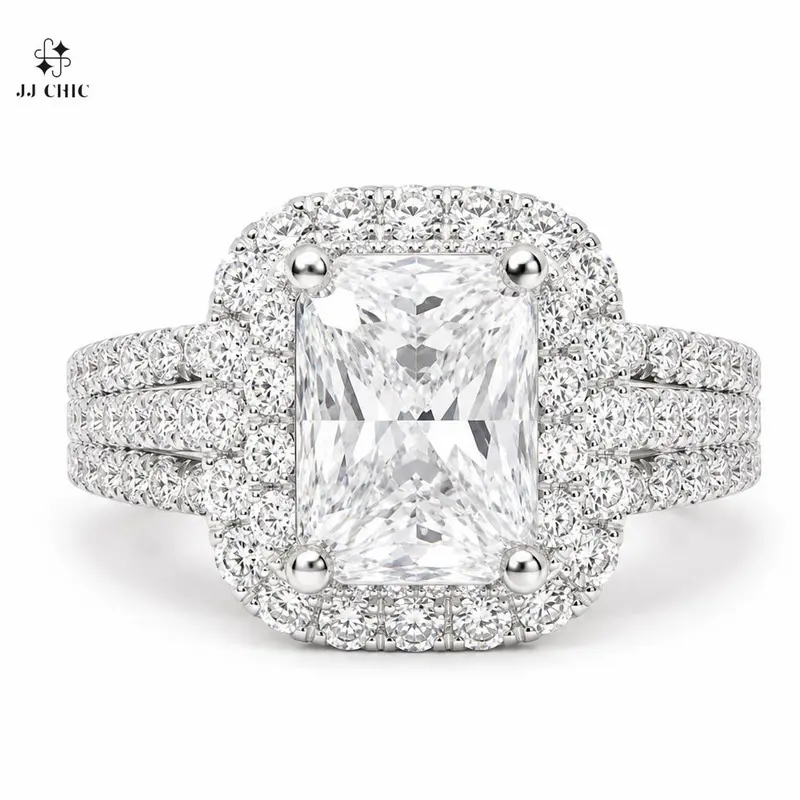 Women's Sparkling Rectangular Halo Artificial Gemstone Ring - Triple-Row Split Shank, Engagement-Style Fashion Jewelry Gift