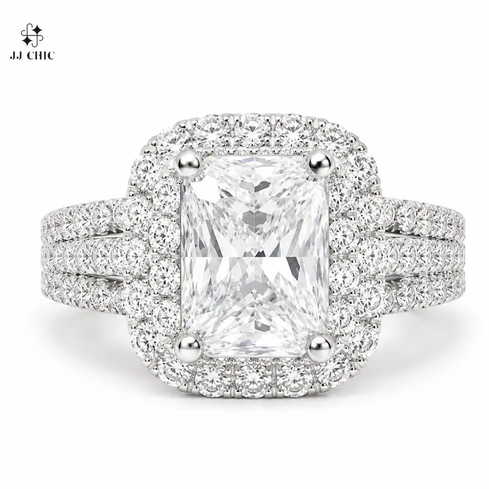 Women's Sparkling Rectangular Halo Artificial Gemstone Ring - Triple-Row Split Shank, Engagement-Style Fashion Jewelry Gift