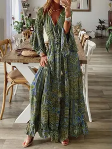 Boho Style Bell Sleeve Print V-Neck High Waist Bohemian Chic Casual Vacation Dress, Floral Long Dress for Women, Perfect for Travel and Leisure