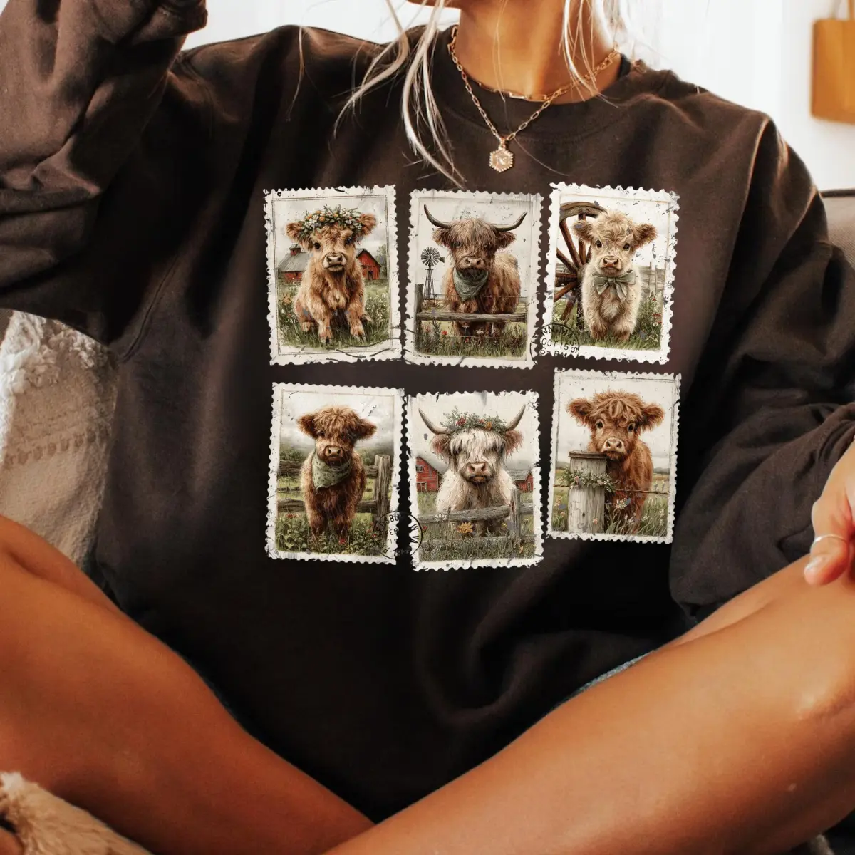 Coquette Highland Cow Sweatshirt, Cute Cow Graphic Crewneck, Trendy Cottagecore Animal Sweater, Fluffy Calf Unisex Pullover