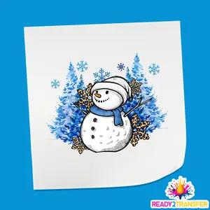 Snowman Blue Trees Design - Winter Iron On DTF Transfer