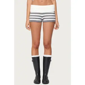 Women Striped Foldover Knit Shorts Y2k Fold Over Elastic Waist Lounge Mini Shorts Going Out Streetwear
