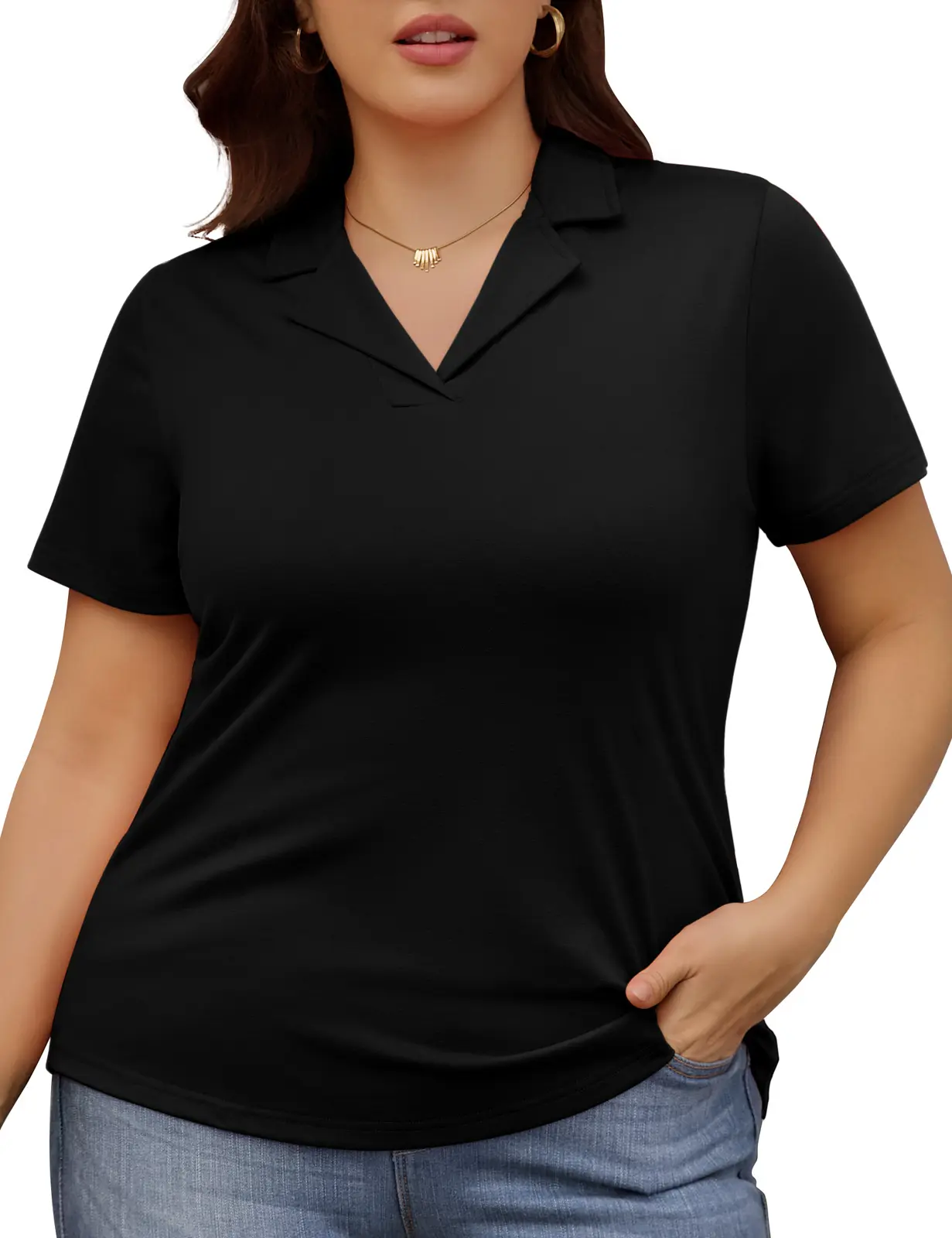 FASHORA Women Plus Size Lapel V Neck Short Sleeve Polo Top Casual Basic Solid Color T Shirt