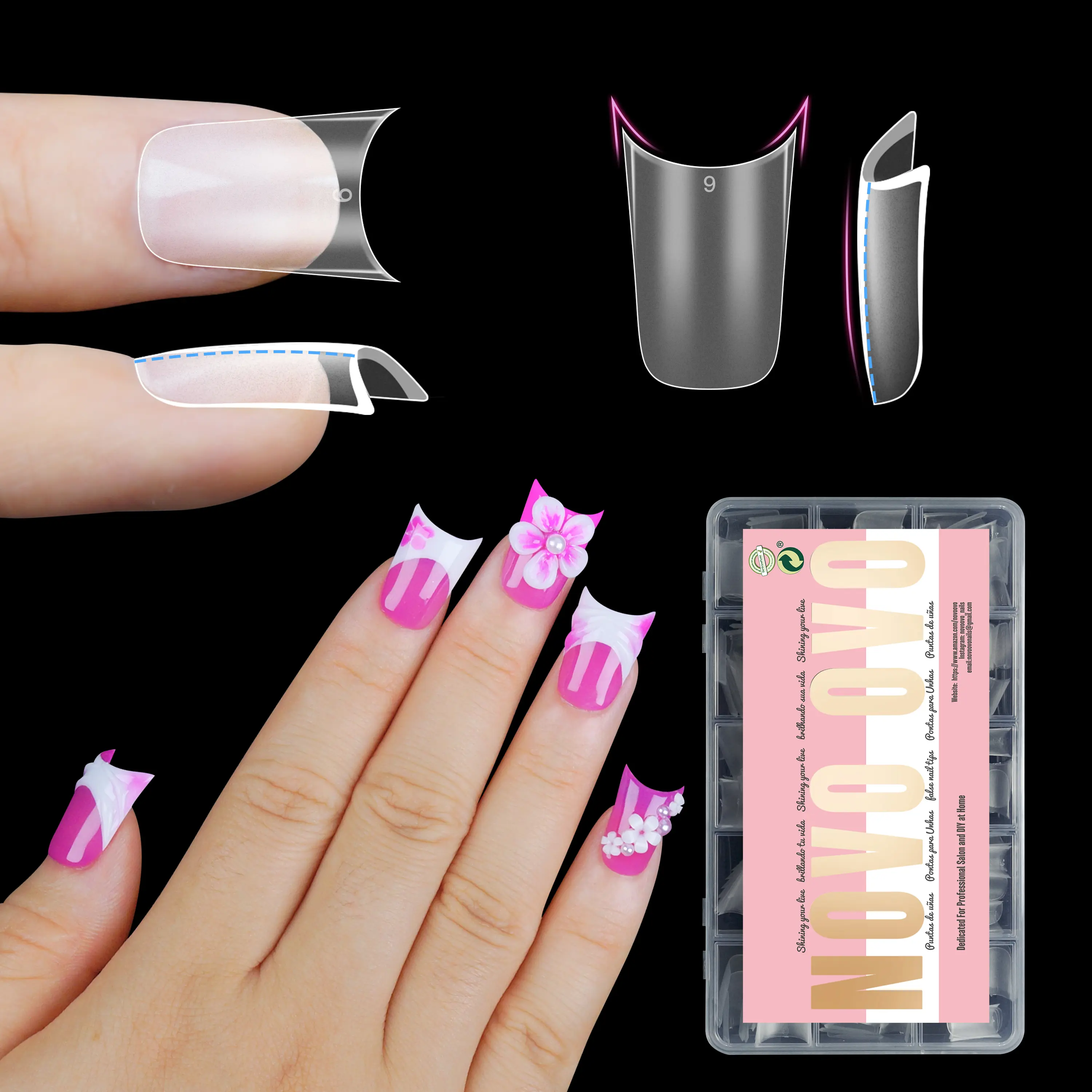 NOVO OVO Extra Thick Short Duck Feet Nail Tips with Moon Curve Full Cover for Press on Acrylic, Short Clear Pre-Etched Matter Flare Wide French Soft Gel Fake False Nail Extension x 15 Sizes 240 pcs