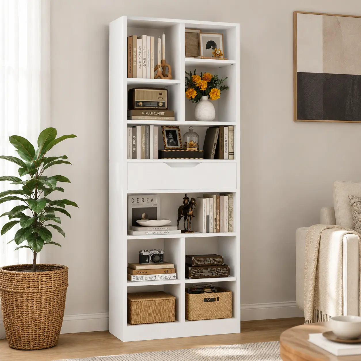 8-Tier Tall Narrow Bookshelf with Hidden Drawer | 73.6" Space-Saving Wood Shelf for Living Room, Home Office, Bedroom