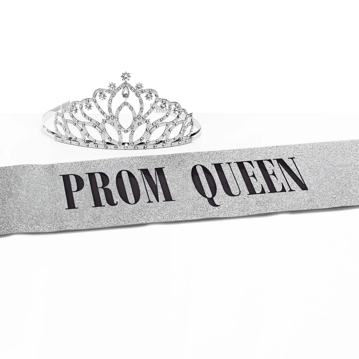 Prom Queen Accessories Kit Crowns & Tiaras, 2-Piece Coordinated Ensemble with Rhinestone Taylor Tiara & Silver Glitter Sash with Black Letters, Cherished Memento
