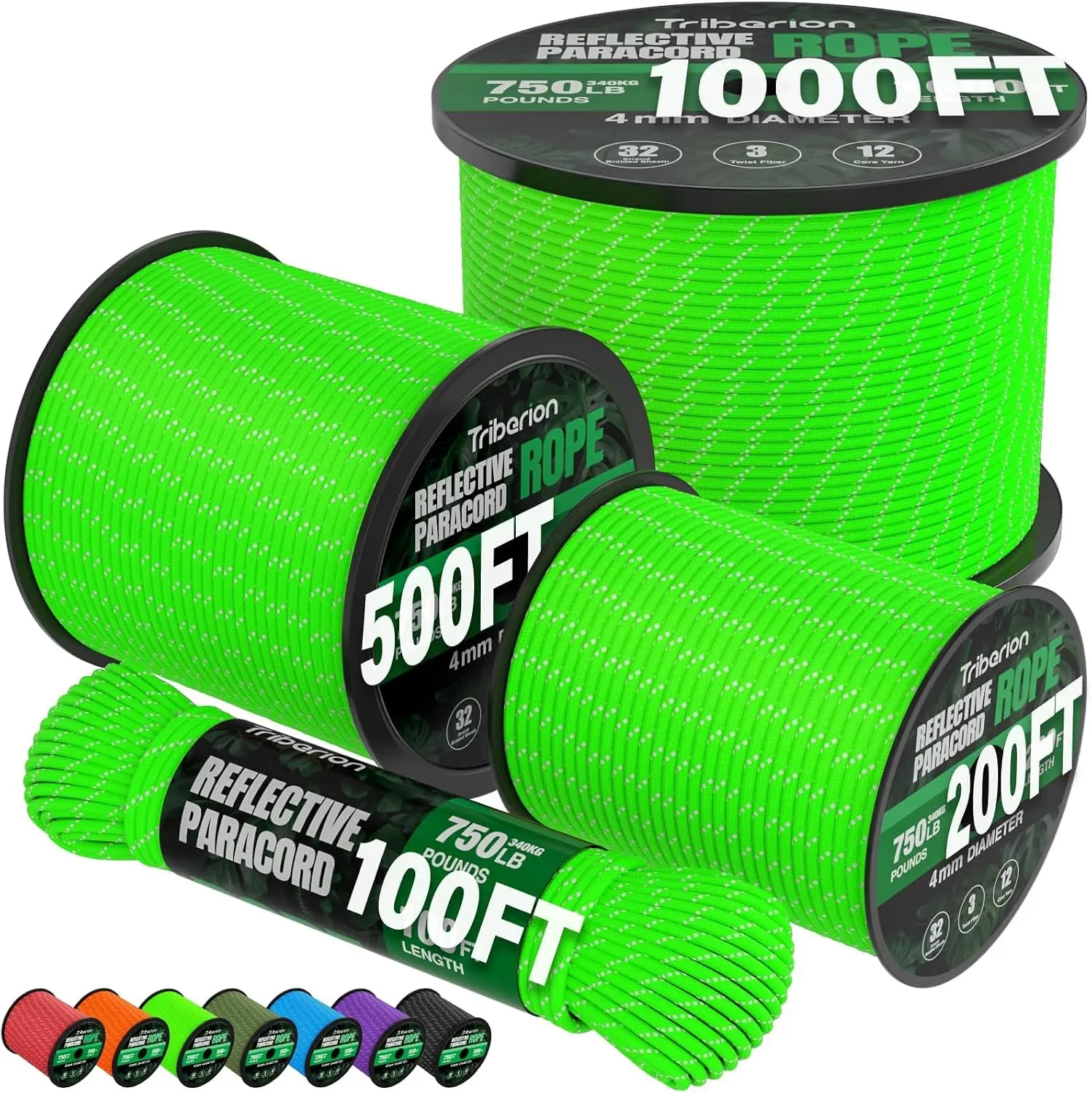 Reflective 750lb 200ft 4MM 12-Strand Heavy Duty Paracord Rope for Survival Camping Gear Survival Bracelet Clothesline - Neon Green