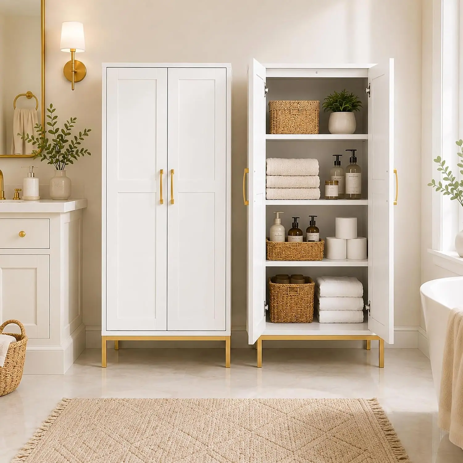 Hide the Bathroom Clutter | Modern Linen Storage Cabinet for Towels, Baskets, Toiletries, Laundry Room & Hallway
