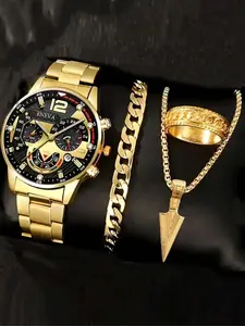 Men's Watch & Jewelry Set, Including Round Dial Hardlex Glass Watch with Quartz Movement & Chain Bracelet & Pendant Necklace & Ring, Fashion Watch Set for Party, Daily Decor, Trendy All-match & Exquisite Watch Set for Gift