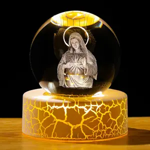 Crystal 3D 2.36in Ball Statue Religious Gifts for Women Men Christian, Glass Blessed Mother Sphere for Room with Warm Light Base, Collectible Keepsake for Catholic on Christmas Home Decor