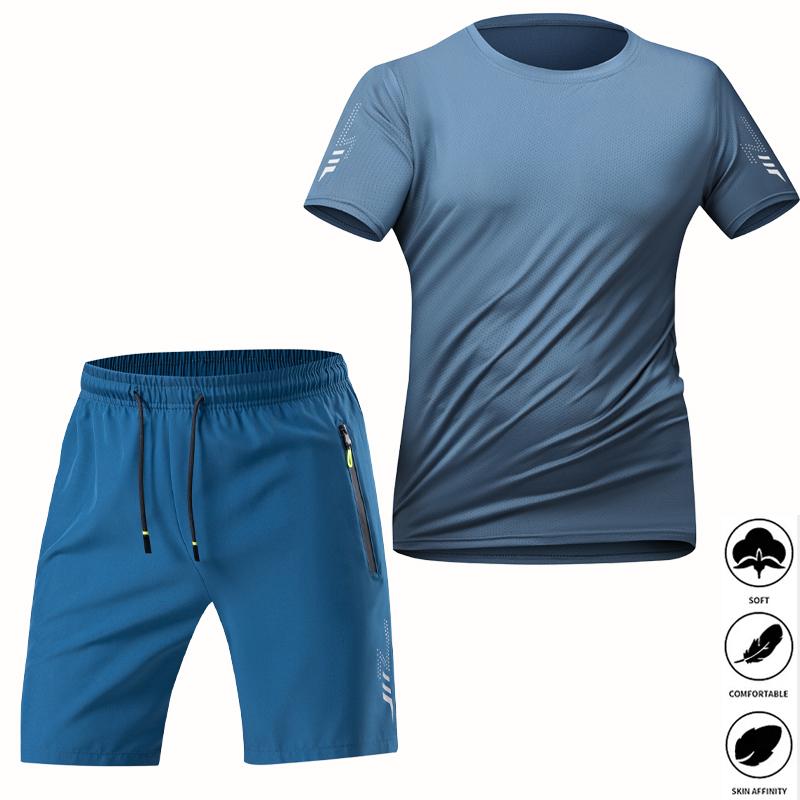 2-Pack Men’s Quick Dry Ice Silk Tracksuit, Loose Breathable T-Shirt & Shorts Set, Cooling Sweat-Wicking for Gym, Running, Outdoor & Home Casual