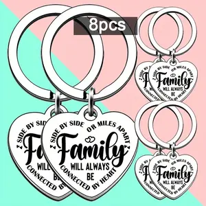 8pcs Stainless Steel Heart Shaped Keychains, Laser Engraving Text Family Christmas Birthday Gift, Jewelry To Son Daughter From Mom Dad