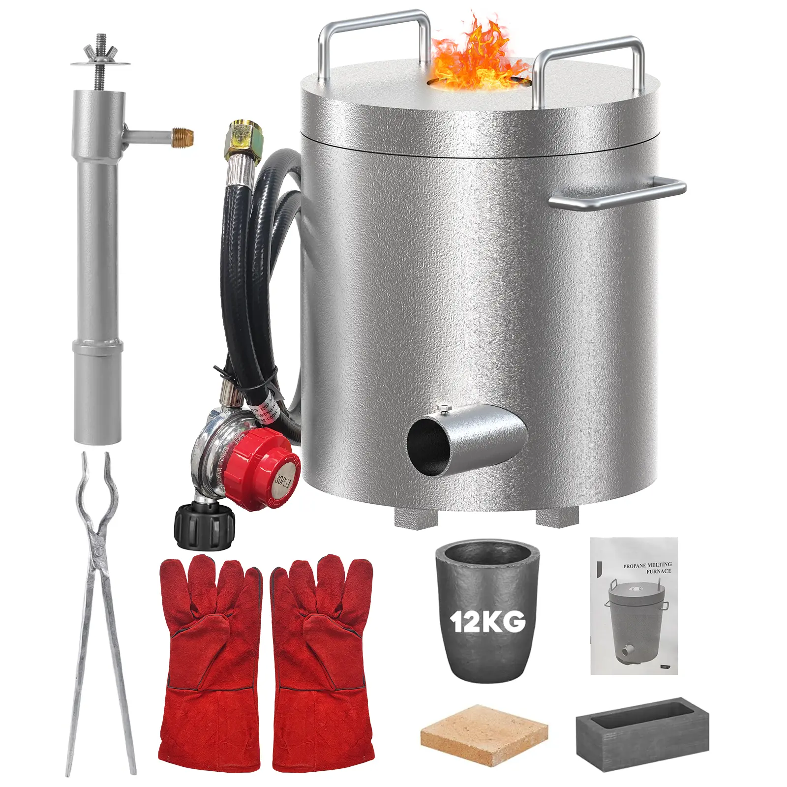 High Capacity Propane Furnace 12KG, Professional Foundry Kit with Crucible and Tong, 1300°C/2372°F Stainless Steel Smelter for Gold, Silver, Aluminum Melting