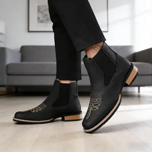 Men's Embroidered Split-Toe PU Leather Walking Boot, Round Toe, European-American Style, Comfortable Black Casual Sports Footwear,summervibes