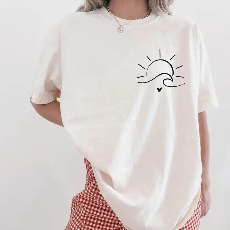 Comfort Colors Minimalist Sun Waves Shirt, Summer Beach Graphic Tee, Ocean Life T-Shirt, Sun And Heart Boho Shirt, Coastal Vacation Aesthetic Gift Tee -DPCLICK