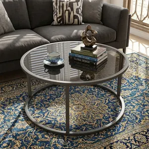 Round Glass Coffee Table 27 Inch, Modern Gold Metal Frame Center Table, Clear Glass Top Round Coffee Table, Sturdy Accent Side Table Easy Assembly for Small Space Living Room Home Office Apartment Decor