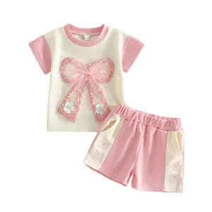 Toddler Girl Summer Outfits Bowknot Embellished Patchwork Short Sleeve Waffle Tops Elastic Waist Shorts 2Pcs Clothes Set
