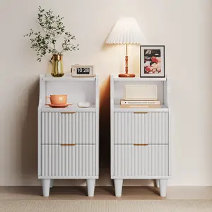 TOKSOM Bedside Table Set of 2,Tall Nightstand with 2 Drawer and Cubby,Wooden Bedside Table for Bedroom Small Space,Tall Bedside Cabinet Telephone Table,15.75″D × 11.81″W × 24.41″H,White/Walnut/Black