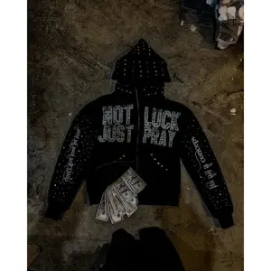 Men’s streetwear rhinestone zip-up hoodie with “Not Luck Just Pray” graphic, casual long-sleeve pullover crewneck, athletic classic oversized jumper