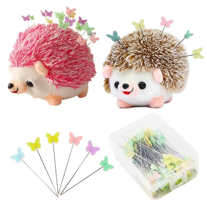 2pcs Hedgehog Shaped Pin Cushion Sewing Kit with 100 Colored Pins, Big Pincushion with Clear Storage Box, for Handicrafts DIY Sewing