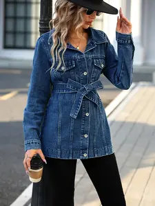 Plus Size Women's Denim Fall Winter Long Sleeve Jean Jacket Button Down Denim Shirt Coat with Pocket 2025 Trendy Outfits with Belt