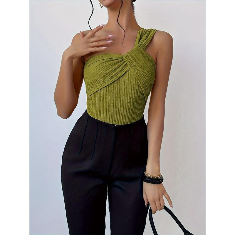 Elegance One Shoulder Twist Front Blouse, Lime Green - Sleeveless, Ribbed Knit, Women's Slim Fit Design - Ideal for Holidays and Parties, Machine Washable Elegance One Shoulder Twist Front Blouse, Lime Green - Sleeveless, Ribbed Knit, Women's Slim Fit Design - Ideal for Holidays and Parties, Machine Washable