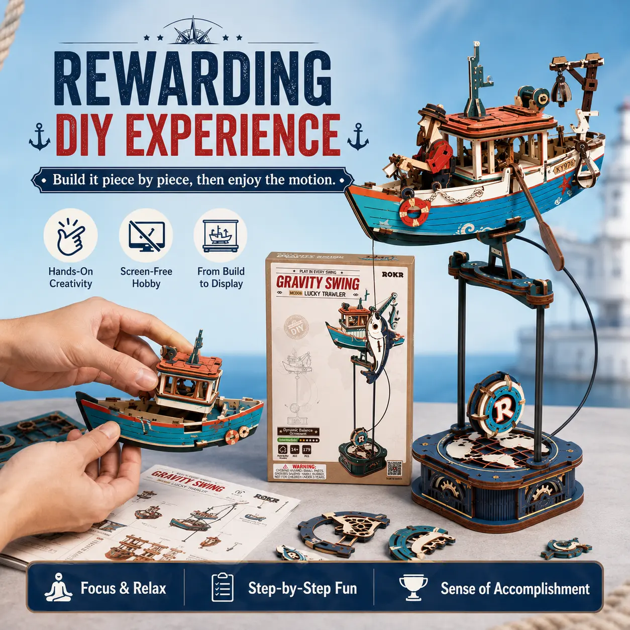 【ROKR 】Ocean Fisher Pendulum Balance Toy - 3D Puzzle, Classic Novelty Stress Relief Toy for Adults & Teens rubber band ball