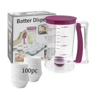Pancake Cupcake Batter Dispenser,With 100 Count White Cupcake Liners Grease-Proof Baking Cups Paper， Bakeware Maker with Measuring Label, Perfect Baking Tool for Cupcakes, Waffles, Muffin Mix, Cake or Any Baked Goods