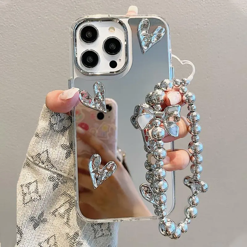 Heart Mirror Phone Protective Case with Beaded Chain,Mirror Phone Cases for iPhone 11 12 13 14 15 Pro Max, 15 14 Plus,Shockproof, Stylish Protective Cover,Screen Protector, Phone Decoration, Smartphone Cover