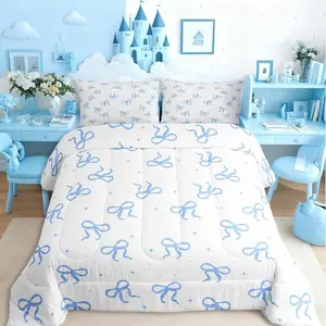 Blue Bow Bedding Set,- Teen Girl Coquette Bow Comforter Set for Kids Preteen Preppy Trendy Modern Bows Quilt Set,Blue White Fashion Girly Duvet Insert
