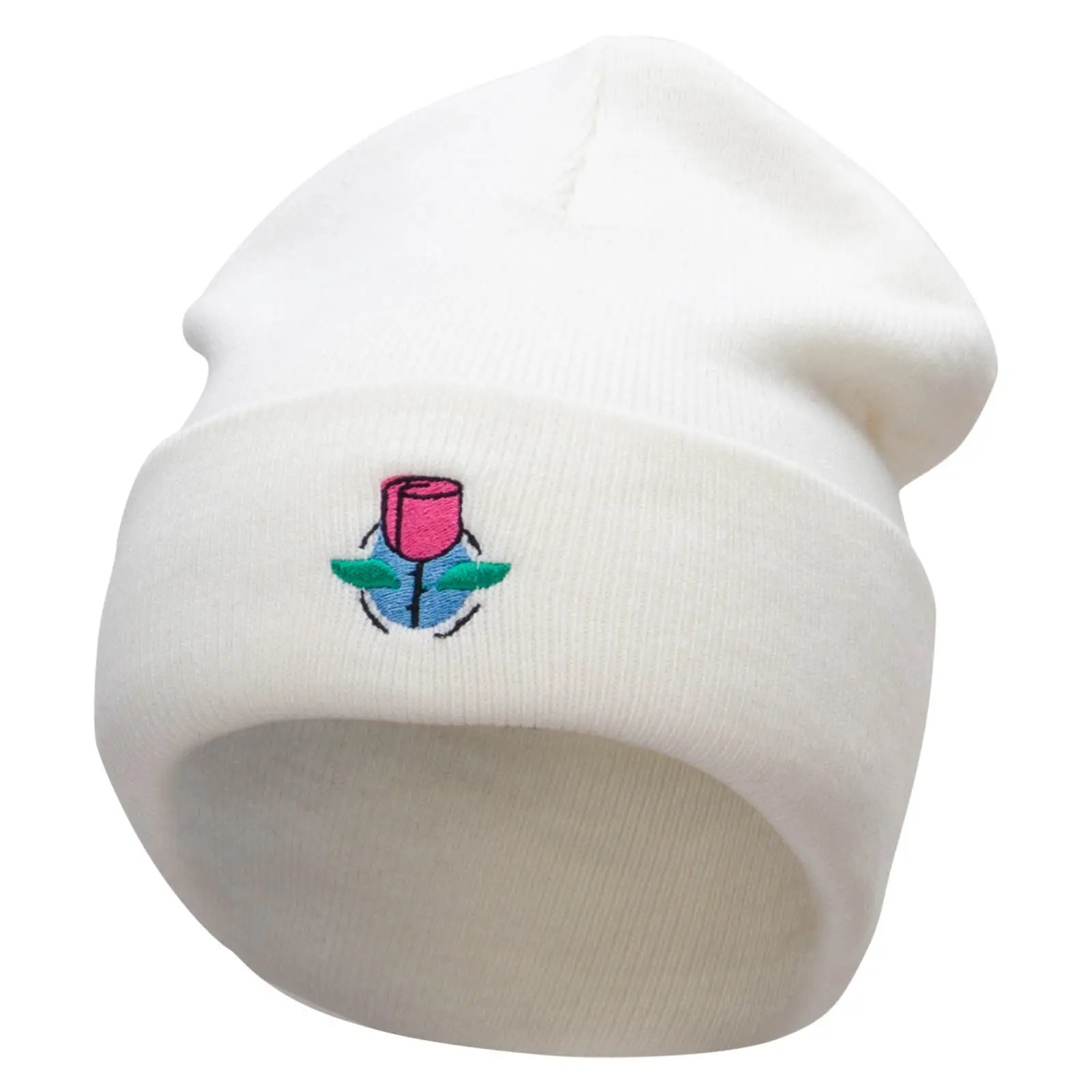 Rose And Petals Embroidered 12 Inch Long Knitted Beanie