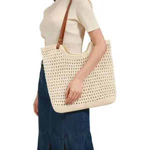 Women's Crochet Shoulder Bag Large Capacity Woven Tote Casual Fashion Bag for Dance Studio Work or Everyday Use Off-white/Mocha Brown High-quality Material Versatile Use