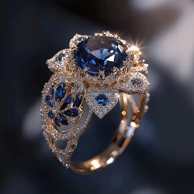 Women's Rose Gold Cubic Zirconia Flower Motif Ring - Gorgeous Blue Casual Jewelry, Sizes 6-10, Wedding Party Gift